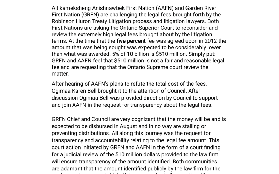 AAFN and GRFN to contest RHT Lawyer’s fees in court.